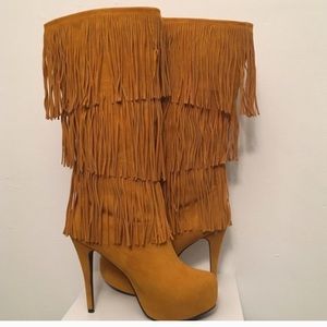 Dark Mustard Layered Fringe Platform Heel Boots